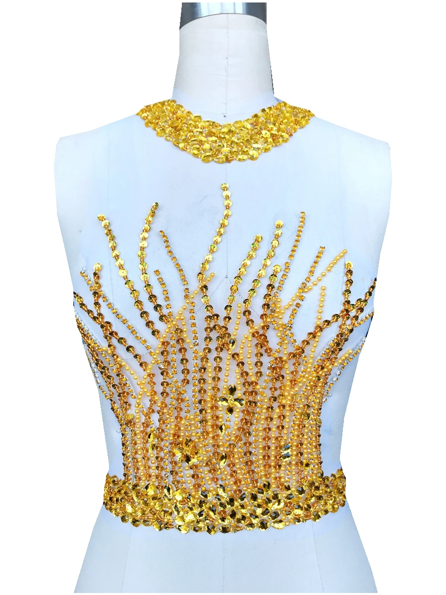 Bridal DIY Embellishments Round Neck Hot Rhinestone Appliqued Hand-Sewn Tulle Motifs Beaded Sequins for Wedding Dress Decoration