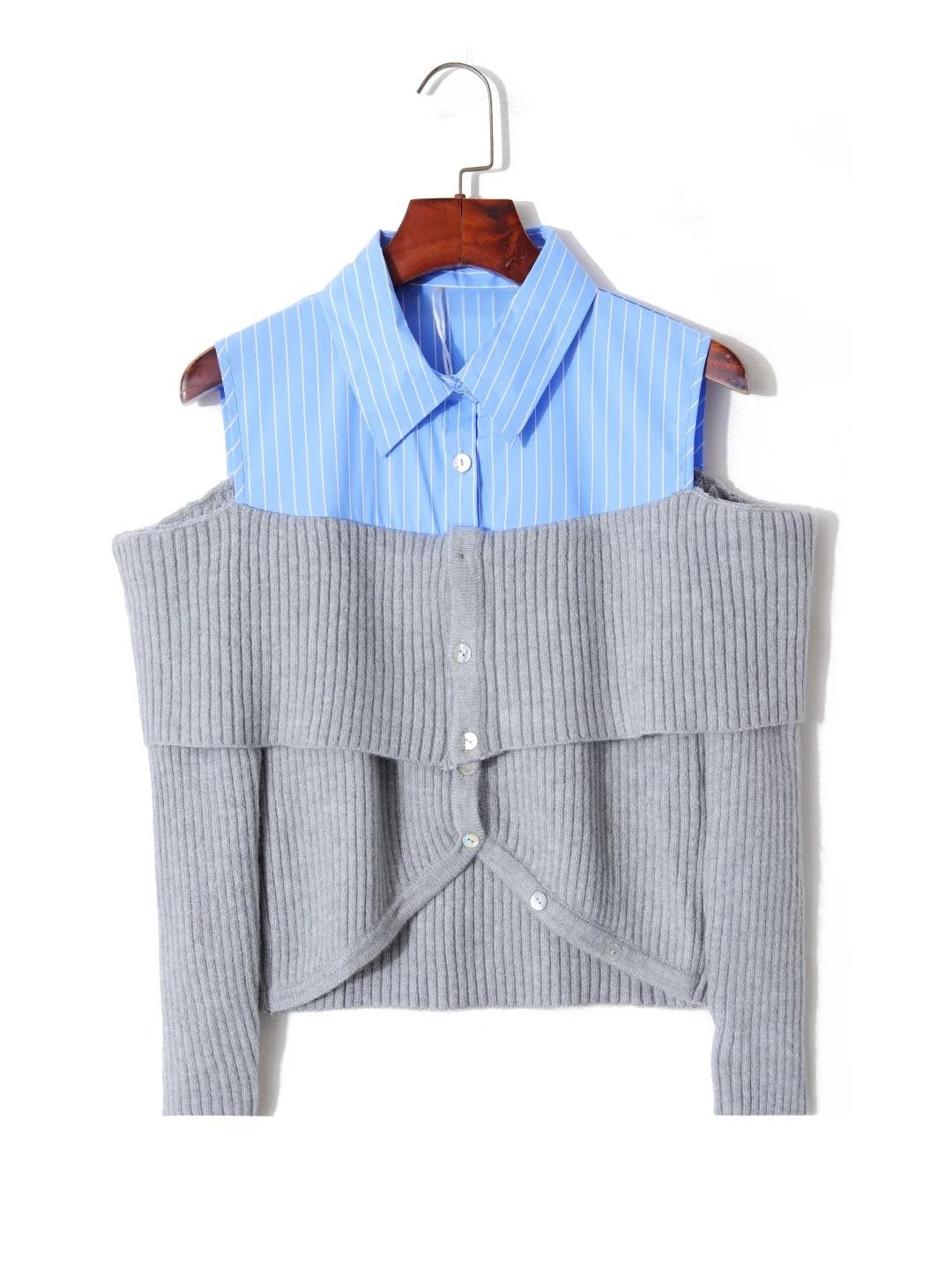 Sweter damski z dzianiny, dopasowany, z odkrytymi ramionami, z kołnierzykiem, idealny na wczesną wiosnę, modny, artystyczny, długi rękaw.