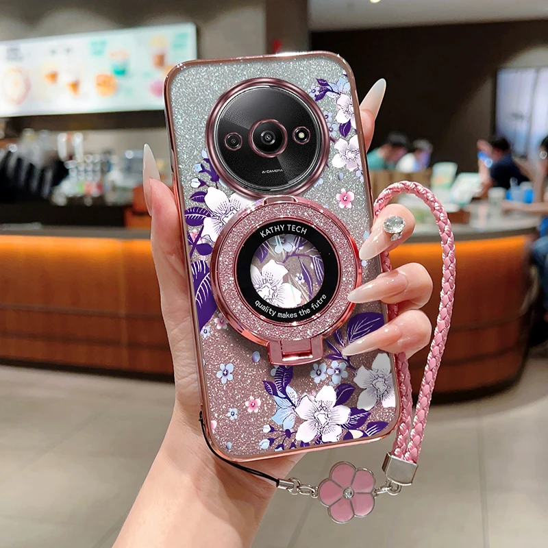 A3 Purple flowers Plating Bracelet Holder Phone Case For Xiaomi Redmi A3 9C A1 A1Plus 9 A3X 9i A4 A2 9AT 9A Turbo 3 4 Cover