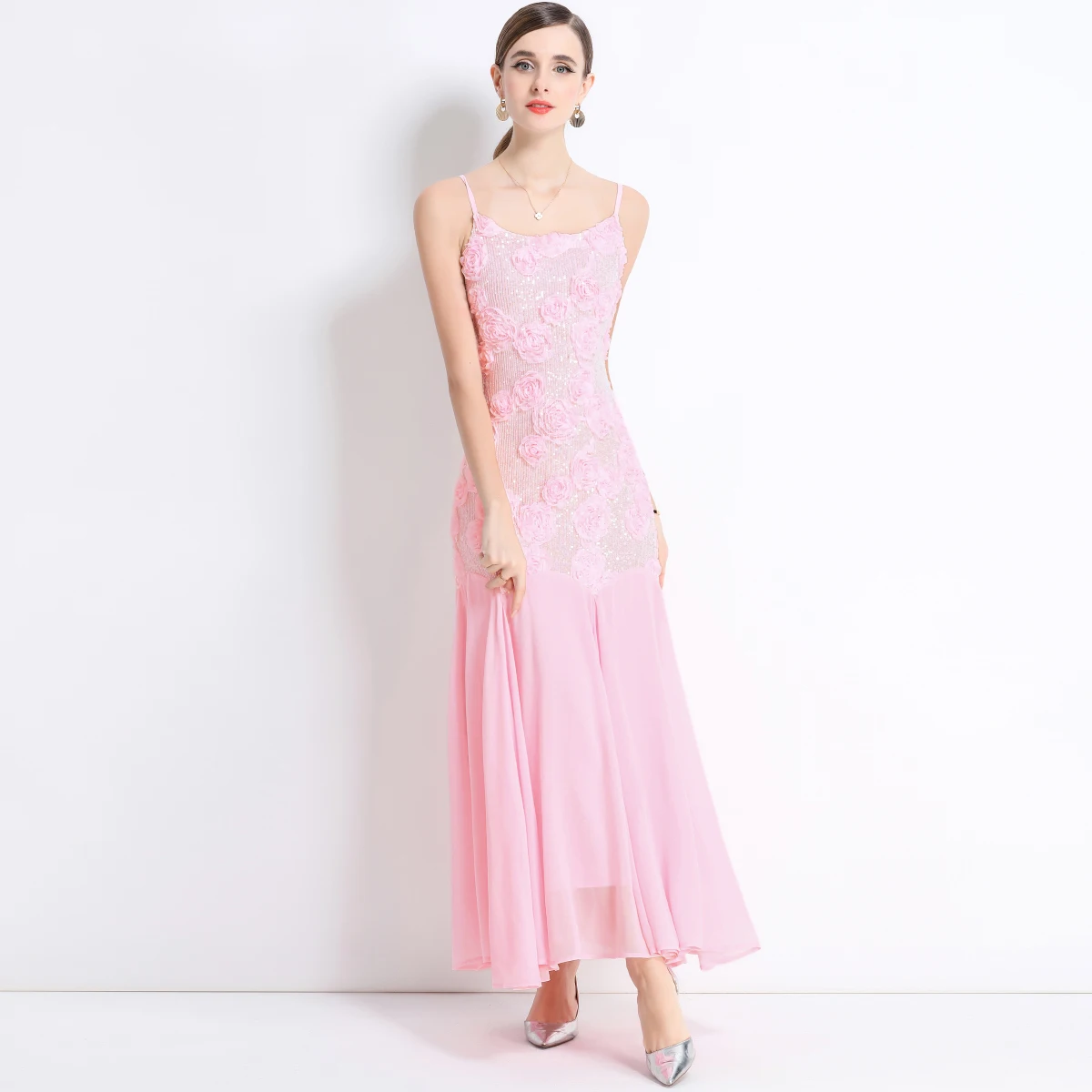 Summer French Elegant 3D Flower Reqiuns Long Prom Dress Women's Spaghetti Strap Sundress Blackless Evening Party Clothing