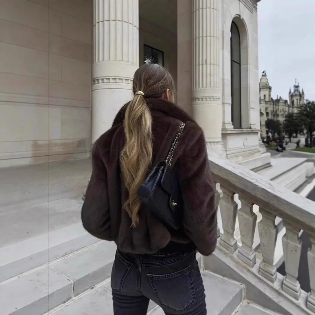 Casaco curto feminino jaqueta casacos de pele do falso turn down collar grosso quente y2k streetwear elegante jaquetas trabalho outerwear outono inverno