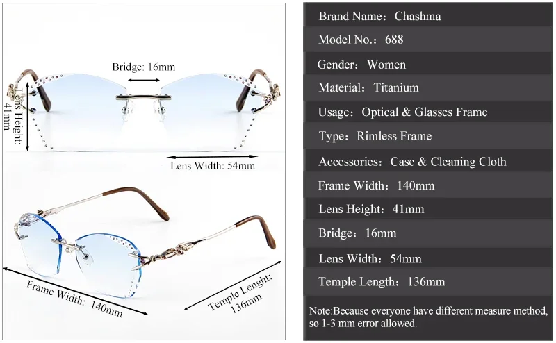 Chashma Luxury Tint Lenses Myopia Glasses Reading Glasses Sunglasses Diamond Cutting Rimless Titanium Frame for Women