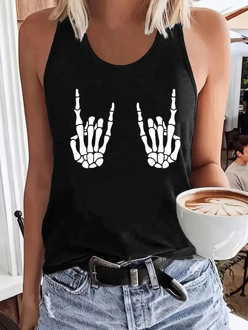 Retro Skeleton Finger Vintage T-Shirt, Weste, grafisches Tank-Top, ärmelloses Damen-Top mit Rundhalsausschnitt, lässiges Top für den Sommer und Frühling