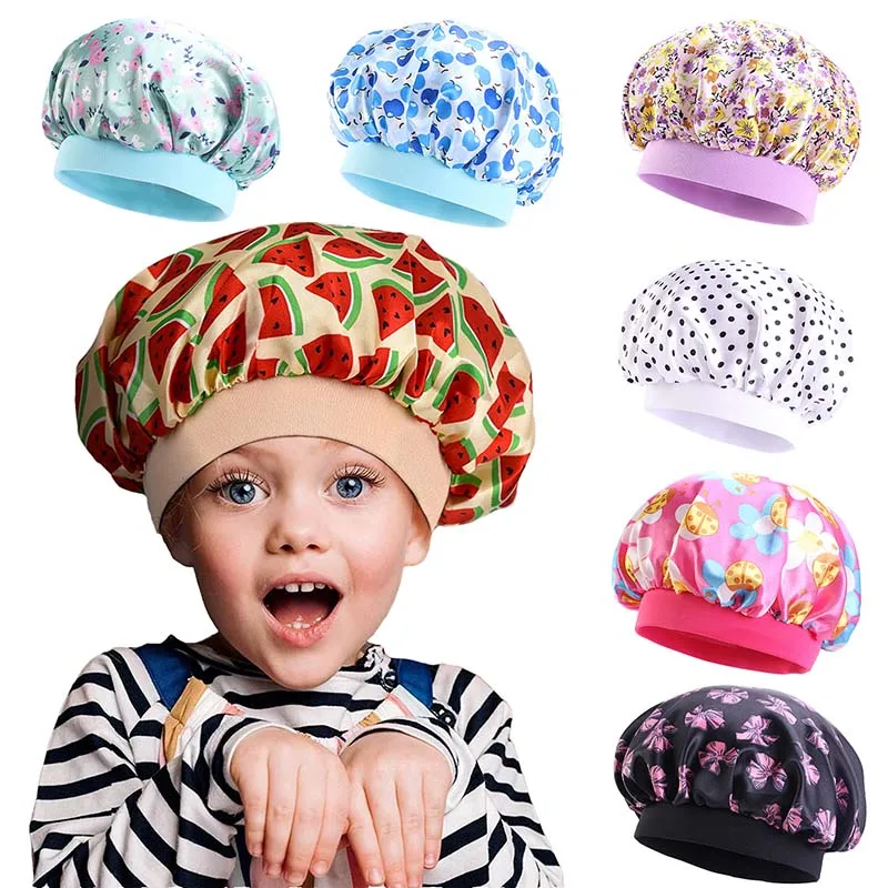 New Silky Satin Kids Shower Caps Cute Printed Bonnet Sleep Cap Lovely Hair Care Cover Baby Bath Hat Adjust Kitchen Hats 3-8Y