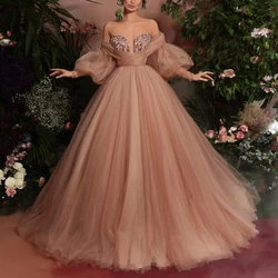 Nude Puffy Tulle Ball Gown Prom Dresses Long Sleeve Sweetheart Off Shoulder Dubai Women Formal Dress Evening Gowns Plus Size