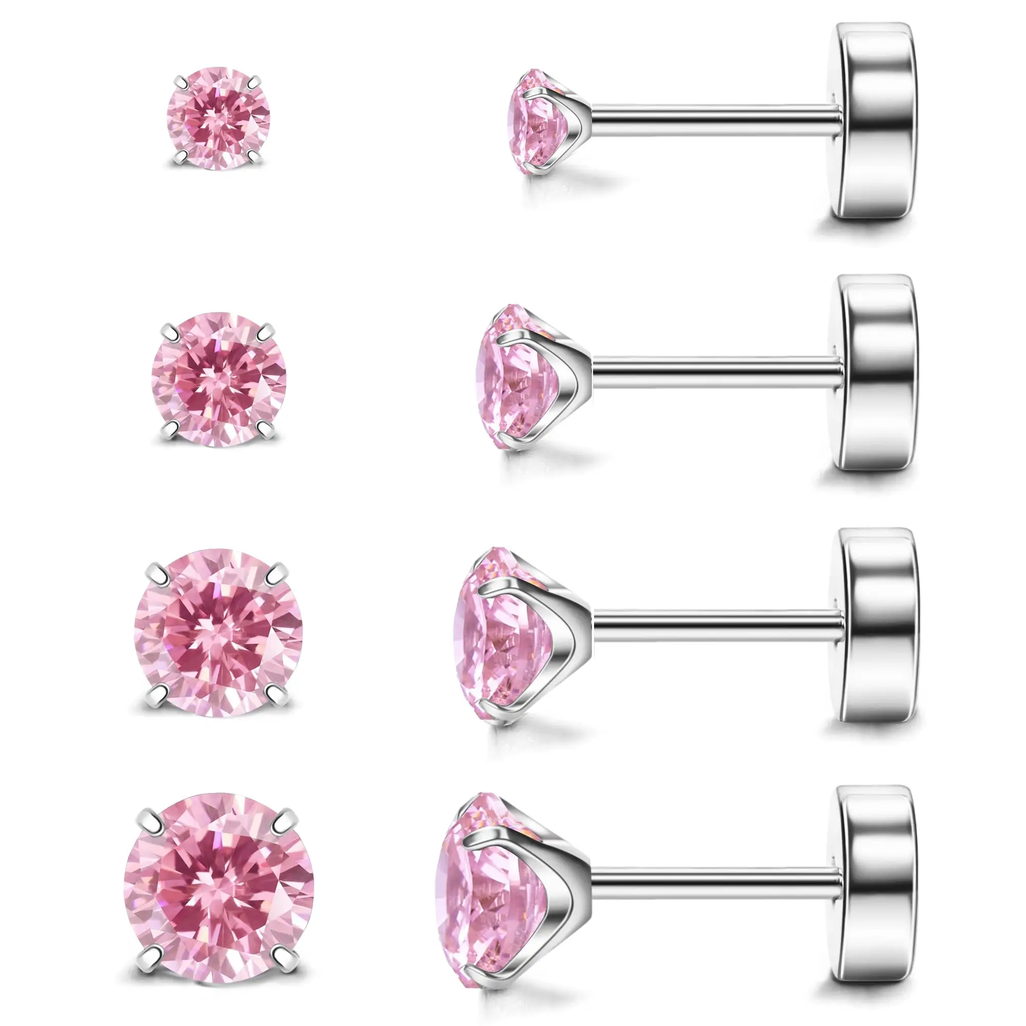 1/4 Pairs Classic Stainless Steel Small Tiny Pink CZ Flat Back Screw Studs Earrings Women Men Piercing 4 Prong Tragus Earrings