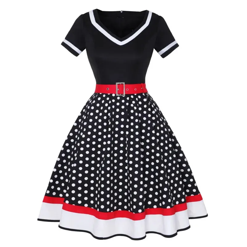 Elegant Polka Dot Patchwork Vintage Dresses Women Robe Hepburn Style Slash Neck Off the Shoulder Summer Party Prom Dress