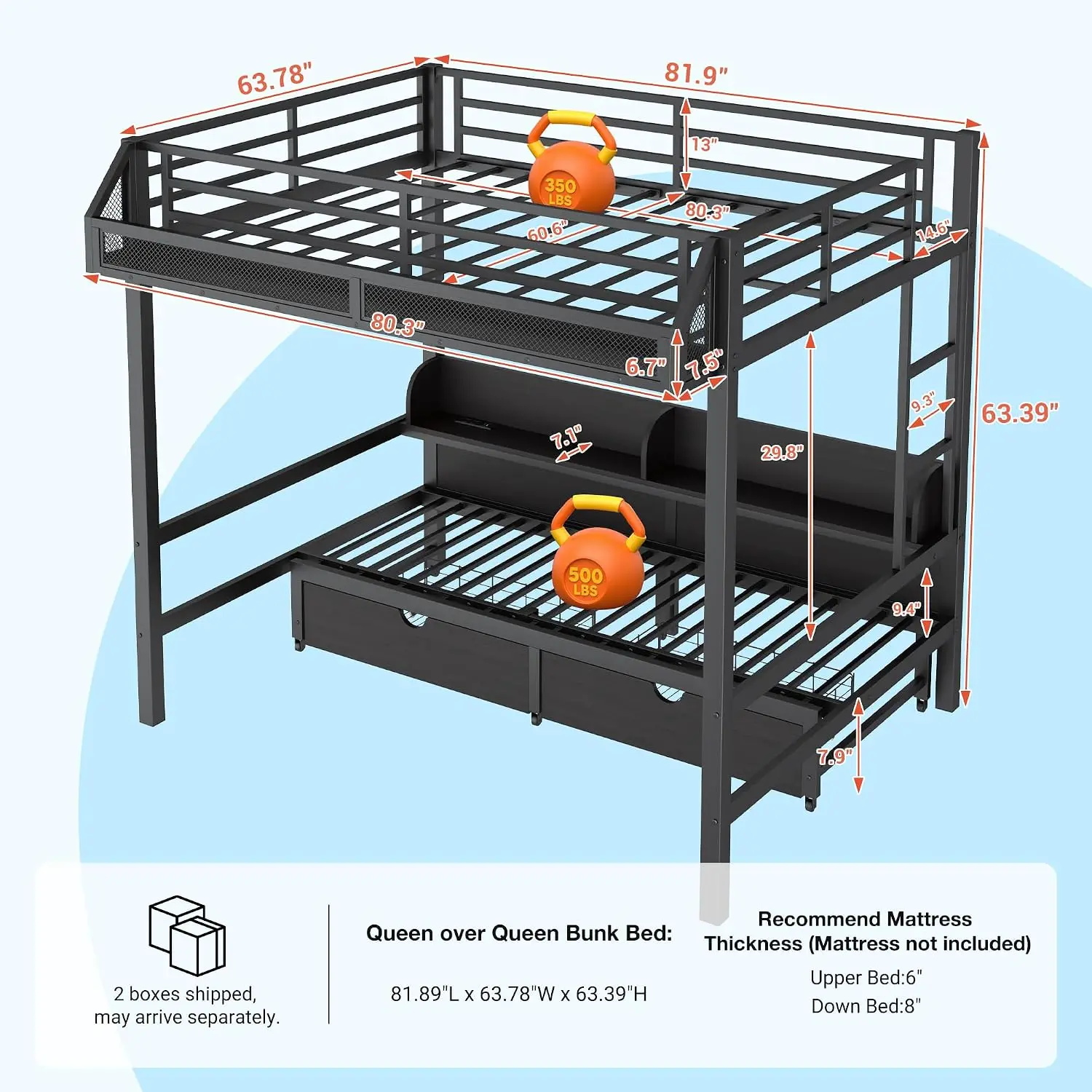 Heavy-Duty Metal Queen Over Queen Bunk Bed with Storage for Adults Teens, Customized