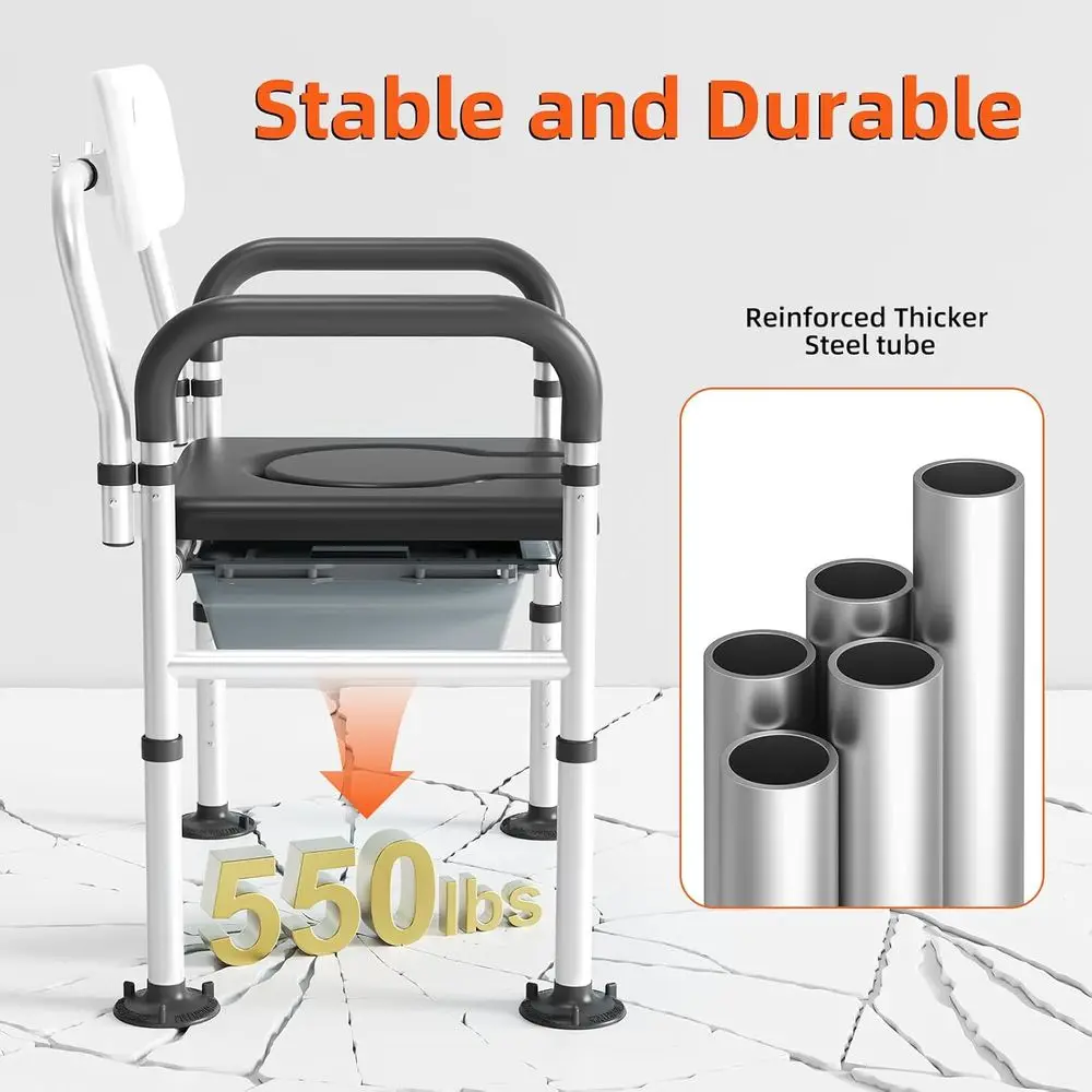 Bedside Commode Chair with Adjustable Height and Width, Raised Toilet Seat with Arms Handles and Back Support for Elderly, Porta