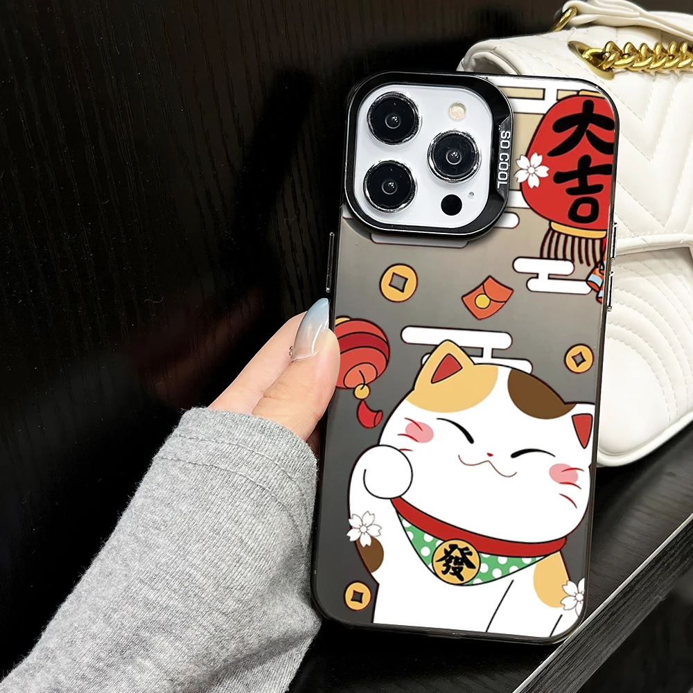 Maneki-neko Lucky Money Cat Cute Phone Case for iPhone 16 12 13 14 15 11 Max Pro Plus Laser IMD Color Shell