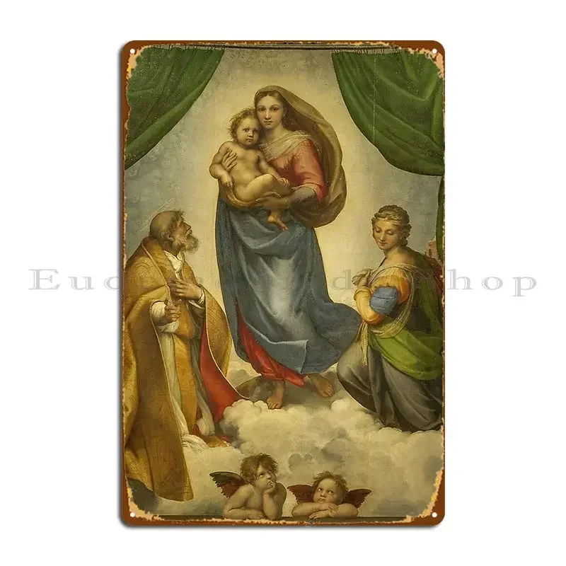 Placa de Metal Personalizada com Tema da Madonna Sistina de Raffaello Sanzio Da Urbino (1513-1514), com Efeito Enferrujado, para Mural de Parede de Sala de Estar, Pôster de Estanho