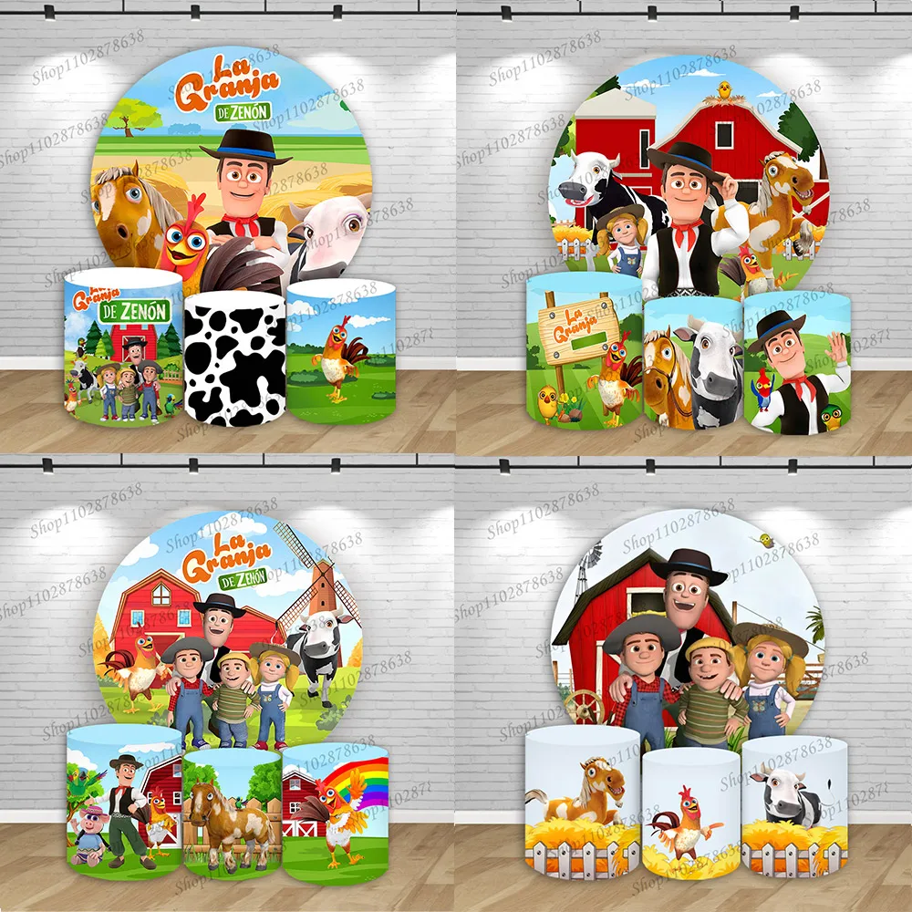 La Granja De Zenon: Capa Redonda para Cilindro, Cenário Fotográfico de Aniversário para Menino, Zenón Percherón, Lola a Vaca, Bartolito