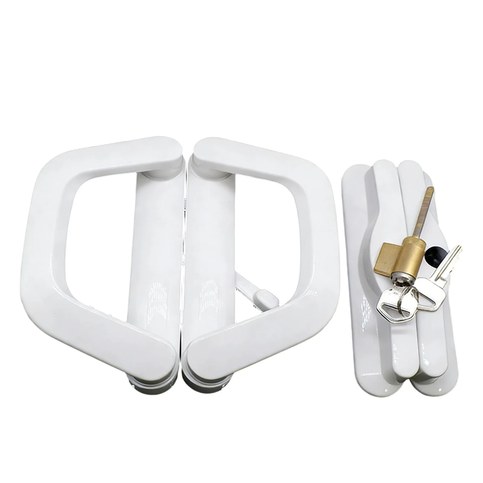 

Комплект белых ручек для раздвижных дверей с ключами, включая замок для замены, из цинкового сплава, предназначенный для надежной фиксации раздвижных дверей.