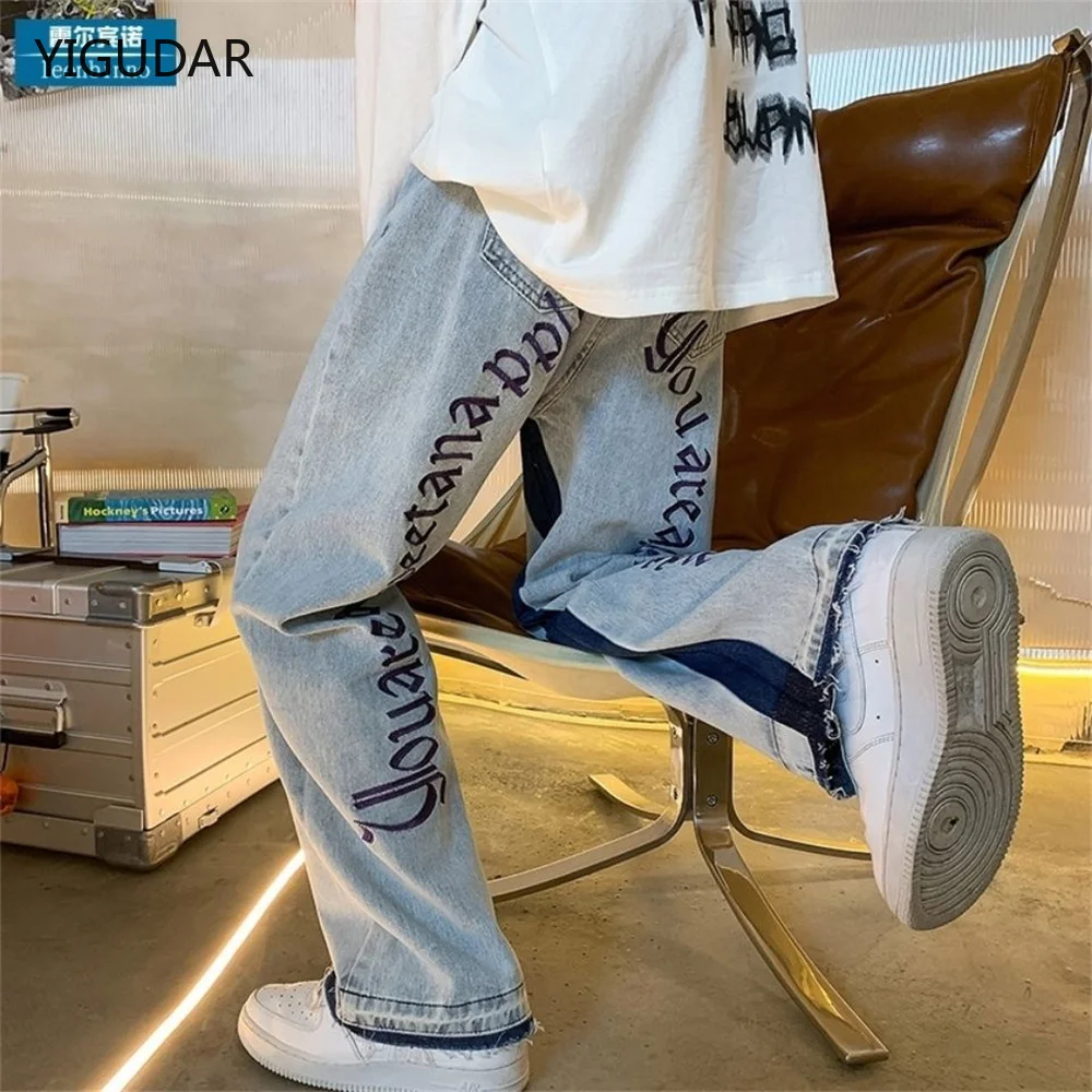 2025 Europese herenjeans Neutrale denimbroek met wijde pijpen Losse rechte letterprint Baggy Man Jean-broek Casual Baggy hiphop