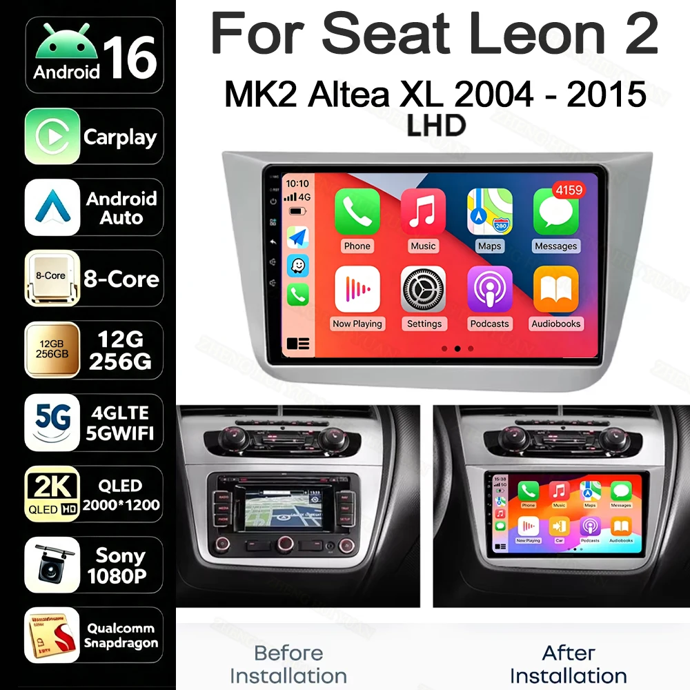 Android 16 Qualcomm Car Radio Multimedia Video Player Carplay For Seat Leon 2 MK2 Altea XL 2004 - 2015 GPS Navigation Stereo