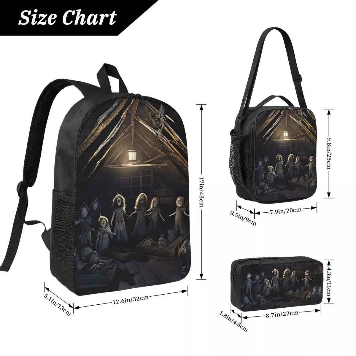 Haunted Attic With Possessed Creepy Dolls Backpack Student BookBag School Bag Shoulder Bags 3ps Insulated Lunch Bag Pencil Case