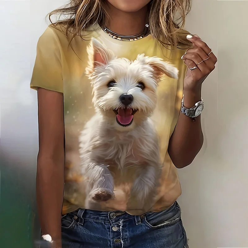 2024 New Women's Crew Neck Short Sleeve T-shirt Printed 3D Cute Puppy Summer Casual Breathable Refreshing Top Short Sleeve