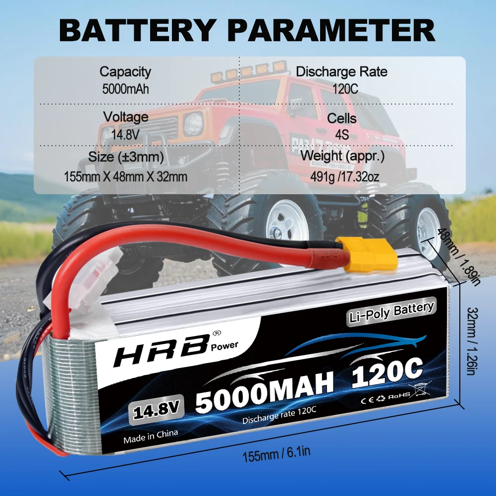 HRB 4S يبو بطارية 14.8 فولت 5000 مللي أمبير RC يبو 120C مع موصل XT60 ل 1/10 1/12 RC سيارة RC طائرة هليكوبتر RC قارب