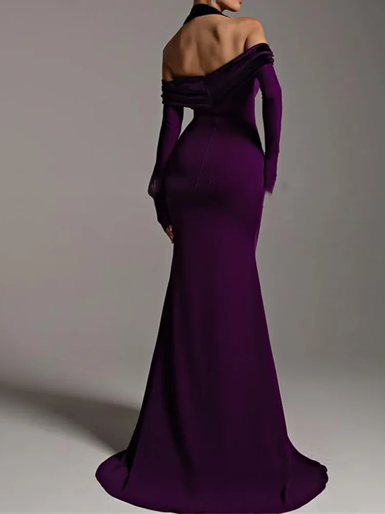 Elegante paarse zeemeermin formele avondjurken halter vloerlengte baljurk rugloze galajurk op maat