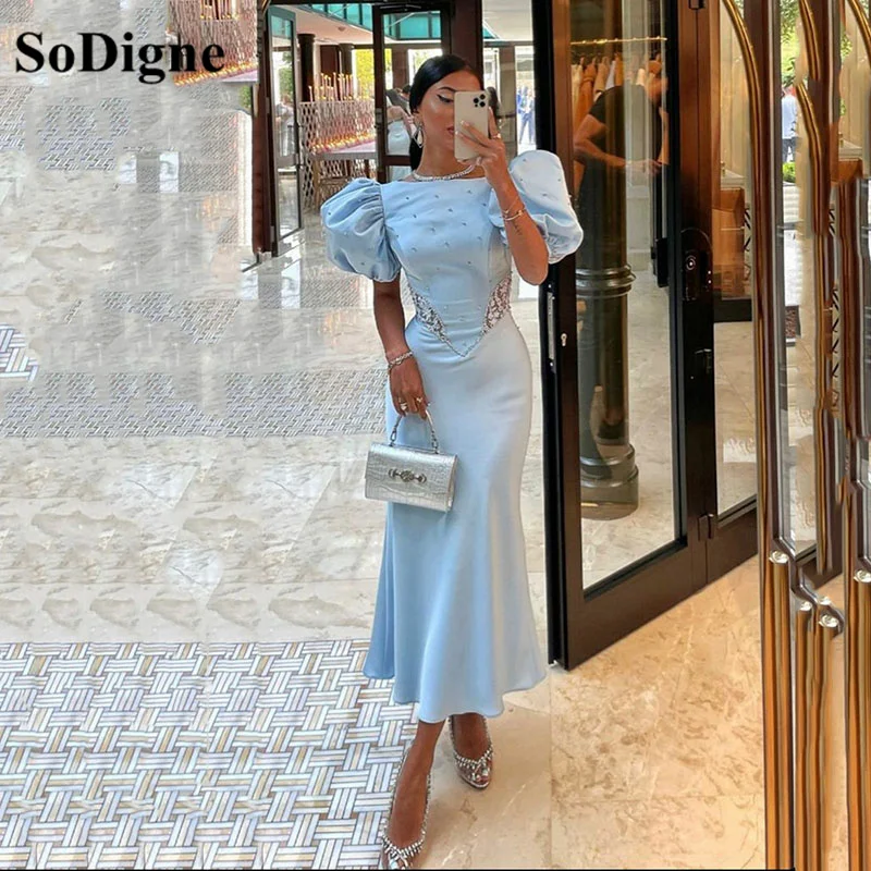 SoDigne Sky Blue Arabic Evening Dresses Short Sleeves Satin Prom Gowns Mermaid Dubai Beads Formal Women Party Dress 2022