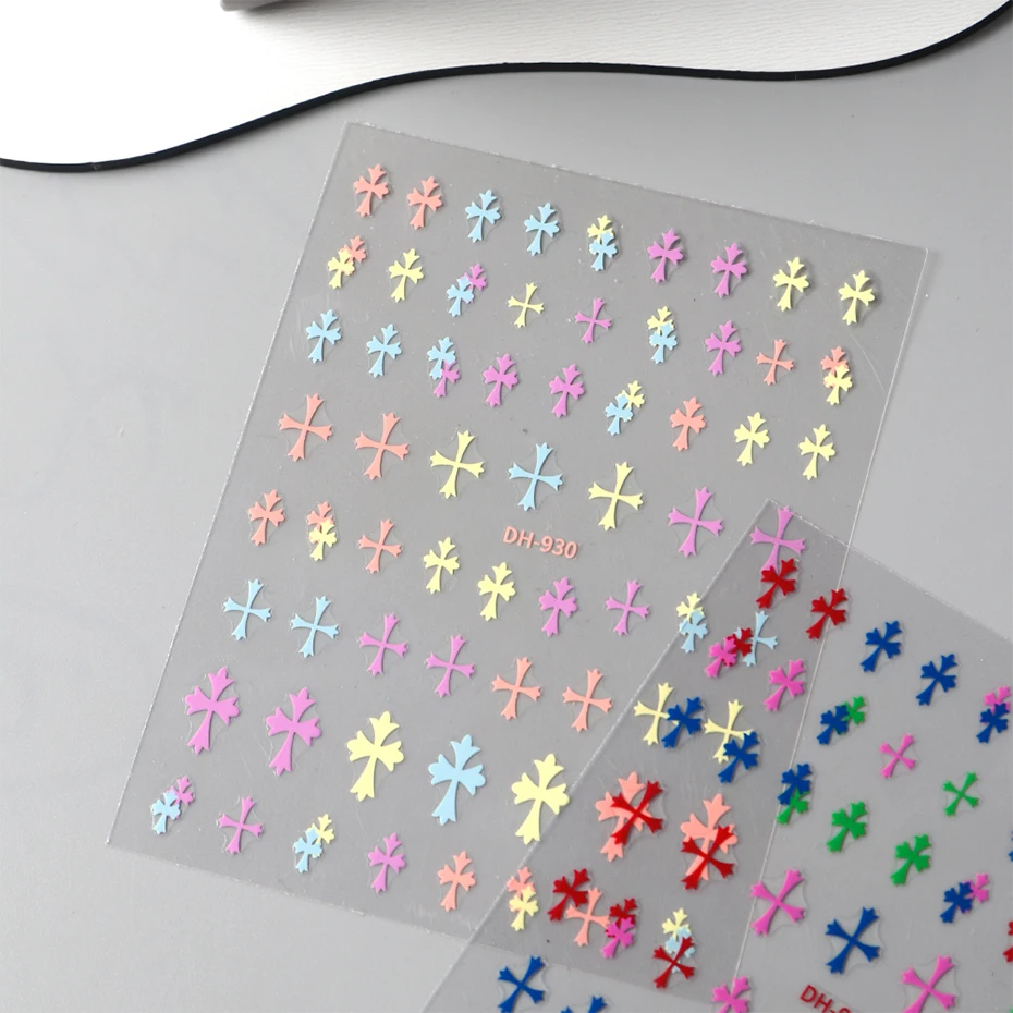 Autocollants 3D à motif de croix coloré pour Nail Art, 2 pièces, décalcomanies de conception de couleurs vives, curseur de manucure, Gel adhésif, décoration pour Nail Art