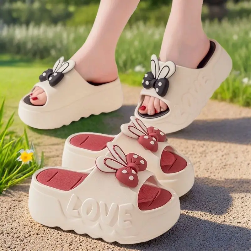 

Bunny ears high heel slippers women's summer height increasing shoes woman indoor slides ladies bow clogs with removable insole
