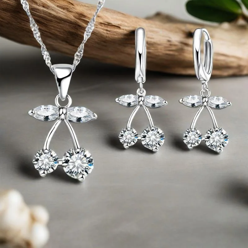 

Delicate 925 Sterling Silver Cherry Crystal Zircon Necklace Drop Earrings Set for Women Girls Wedding Party Fashion Jewelry Gift