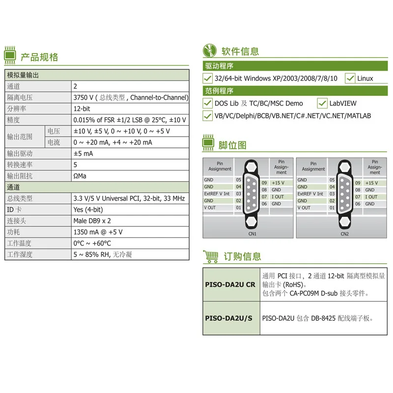 Hongge PISO-DA16U Data Collection Board 2/16 14-bit Channel Isolated Analog Output IO Card