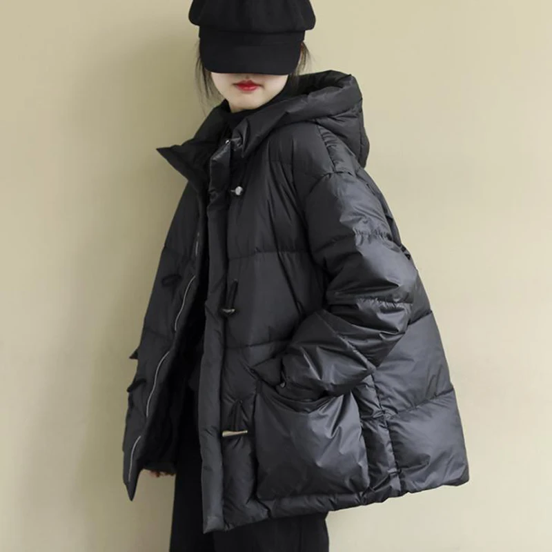 

Loose Artistic Large Size Women's Cotton Jaet Winter Coat Korean Sle Hooded down Cotton Puffer Button Front