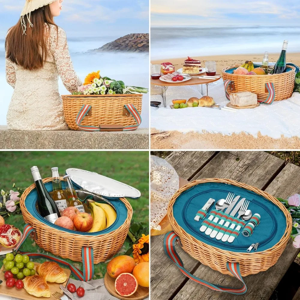 Picnic Basket for 2 with Blanket - Wicker Picnic Basket with Table | Willow Picnic Set for 2 Person with Large Insulated Cooler