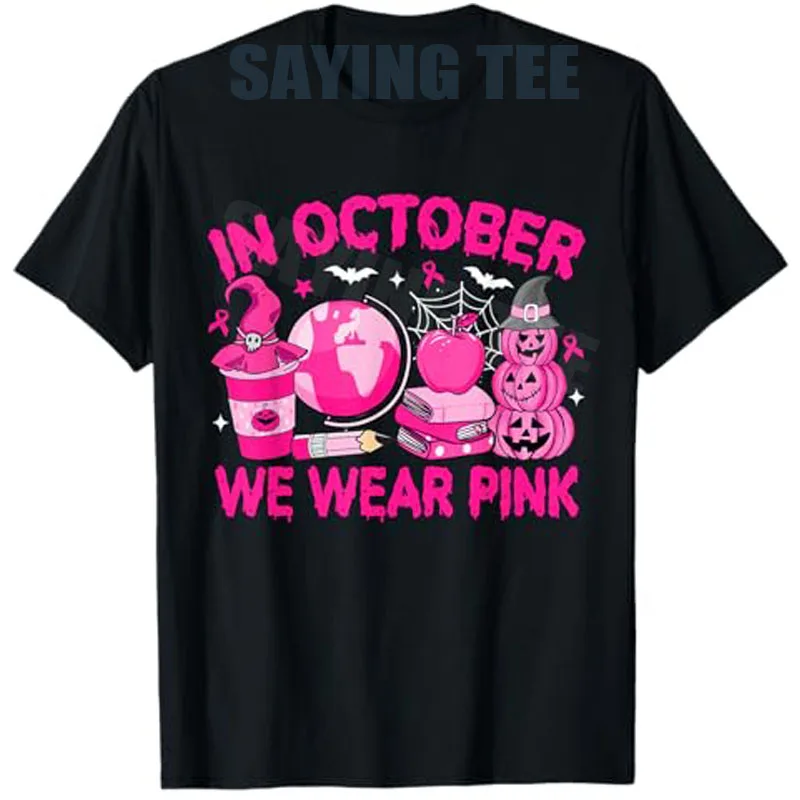 In October We Wear Pink Breast Cancer Awareness Teacher T-Shirt SPED Teacher Saying Tee Pink Ribbon Ghost Halloween Costume Gift