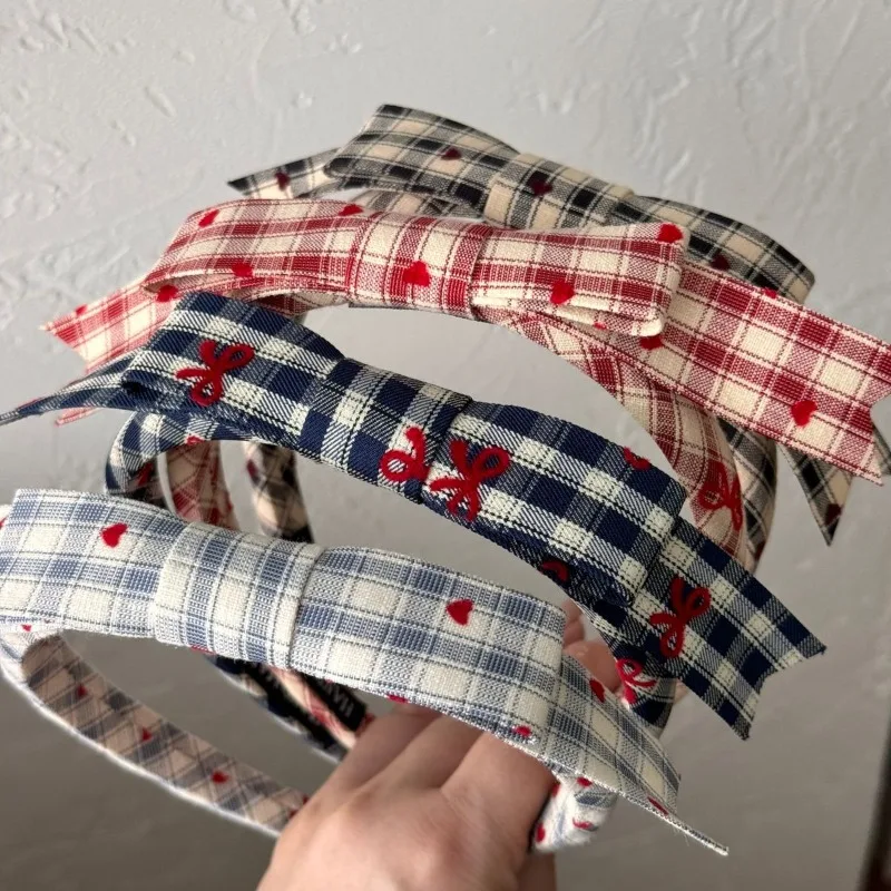Korean retro love plaid bow headband headband high cranial top temperament versatile hairpin headgear new model
