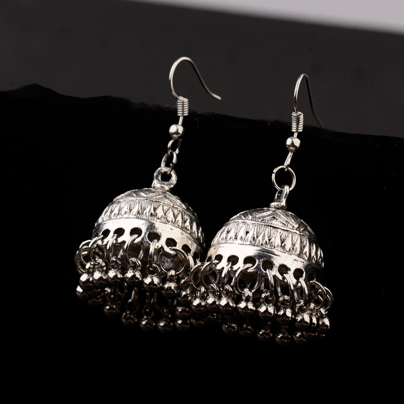 Boho Retro Silver Color Turkish Jhumka Earrings For Women Beaded Tassel Classic Carved Indian Bollywood Bell Earrings Jewelry