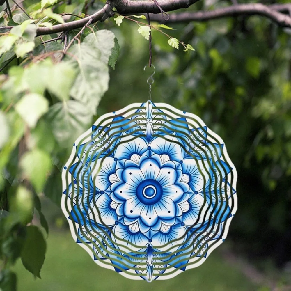 3D Blue Mandala Flower Metal Wind Spinner Kinetic Garden Decor Outdoor Indoor Art