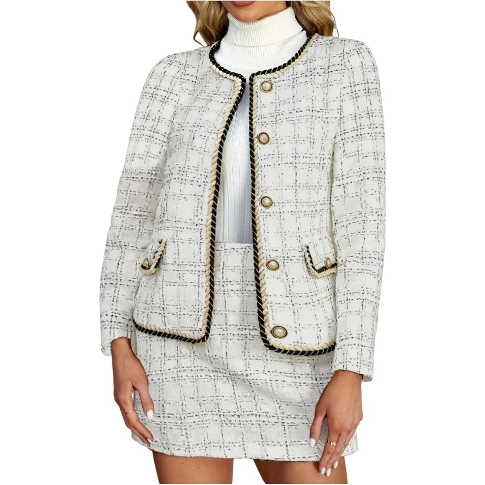 

Women's 2 Piece Outfits Plaid Button Front Long Sleeve Tweed Jacket and Mini Skirt Elegant Set White Large