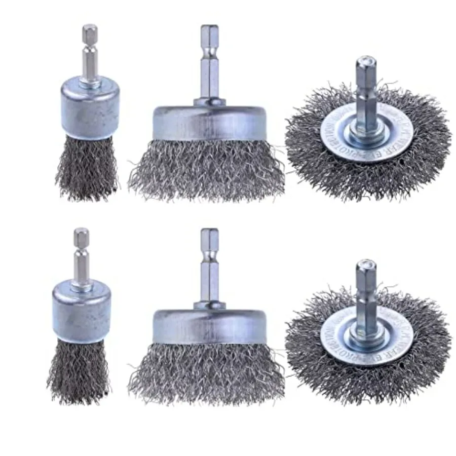 

6 Pack Carbon Steel Wire Wheel and Pen Brush Set with 1/4-Inch Hex Shank for Rust Removal, Corrosion and Scrub Surfaces