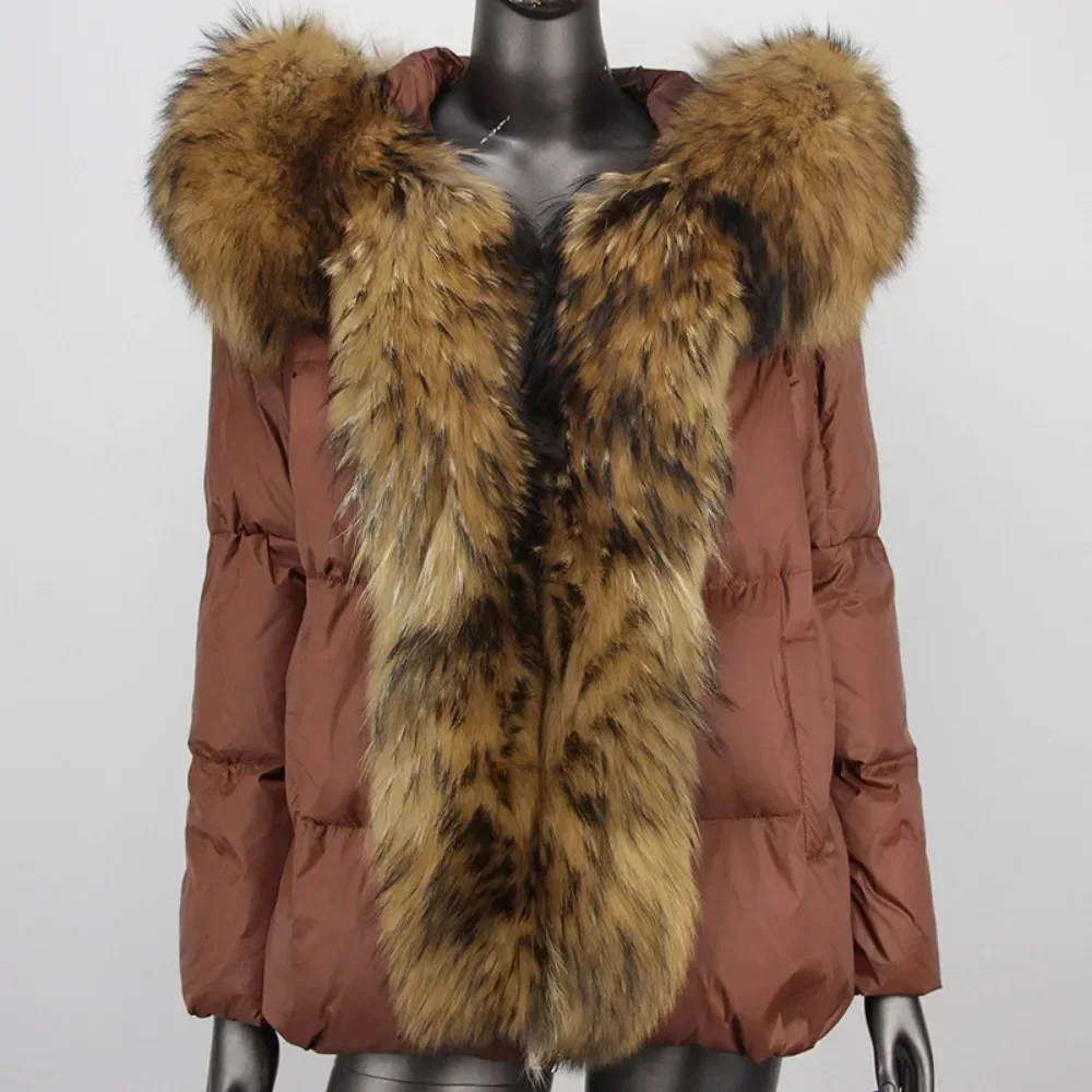 

Real Raccoon Fur Jacket White Duck Down Coat Women Fox Fur Collar Outerwear American Fashion Big Fur Coat Thick Winter Oversize