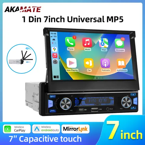 7 Inch Car Radio MP5 Retractable Screen FM Radio Bluetooth USB TF Card Multimedia Player Support CarPlay Android Auto EQ Stereo