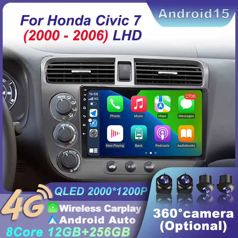 

Android 15 2K Android Car Multimedia Video Radio WIFI Player For Honda Civic 7 2000-2006 LHD Auto GPS AI Voice Stereo CarPlay 4G