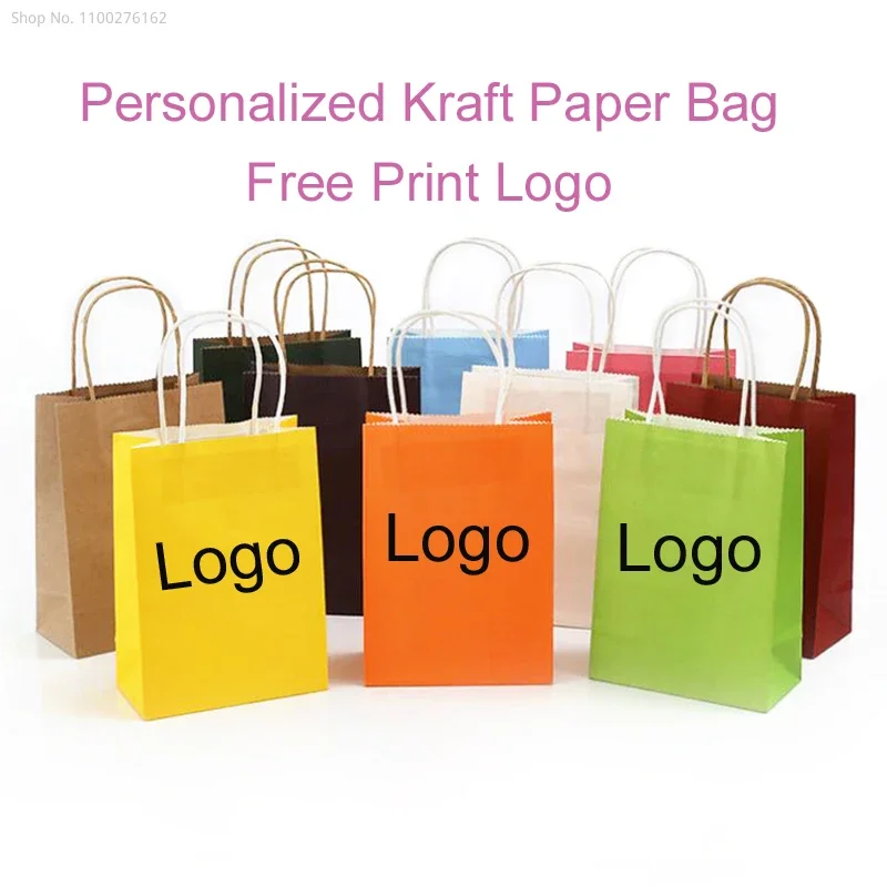 (100 pieces/lot) Customized Print Logo Kraft Paper Bag Recyclable Shopping Gift Bags For Packaging Wedding Favors Gifts