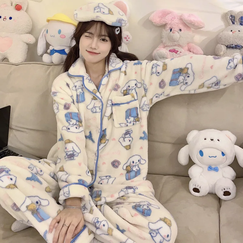 Sanrio Female Flannel Cardigan Thickening Long Sleeves Pajama Set Kawaii Cinnamoroll Comic Student Keep Warm Go Out Leisure Wear