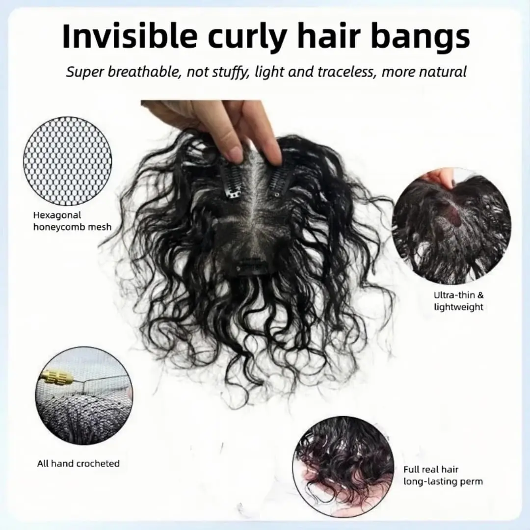100% Real Human Hair Topper with Bangs Curly Clip-In Ultra Thin Lace Base Hairpiece for Women Natural Hair Loss Solution