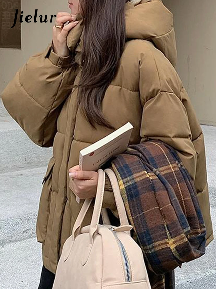 Jielur viola coreano sciolto con cappuccio femminile parka inverno Basic ufficio signore tinta unita moda semplice tasche Chic donne parka