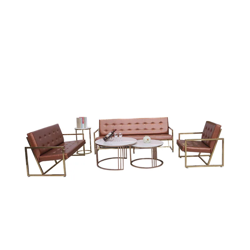 Simple medium and small apartment living room lobby leather art sofa marble coffee table combination stainless steel titanium