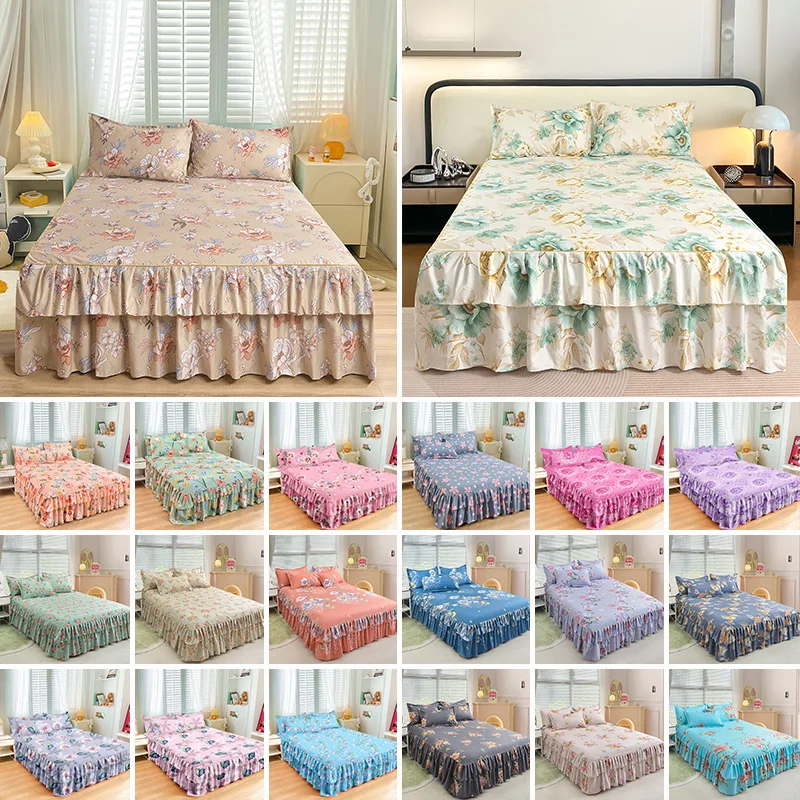 3pcs Double Layered Hemline Bedspread Thicken Anti Slip Printed Bed Skirt Bed Sheet Bedding Products with Plant Flower Patterns