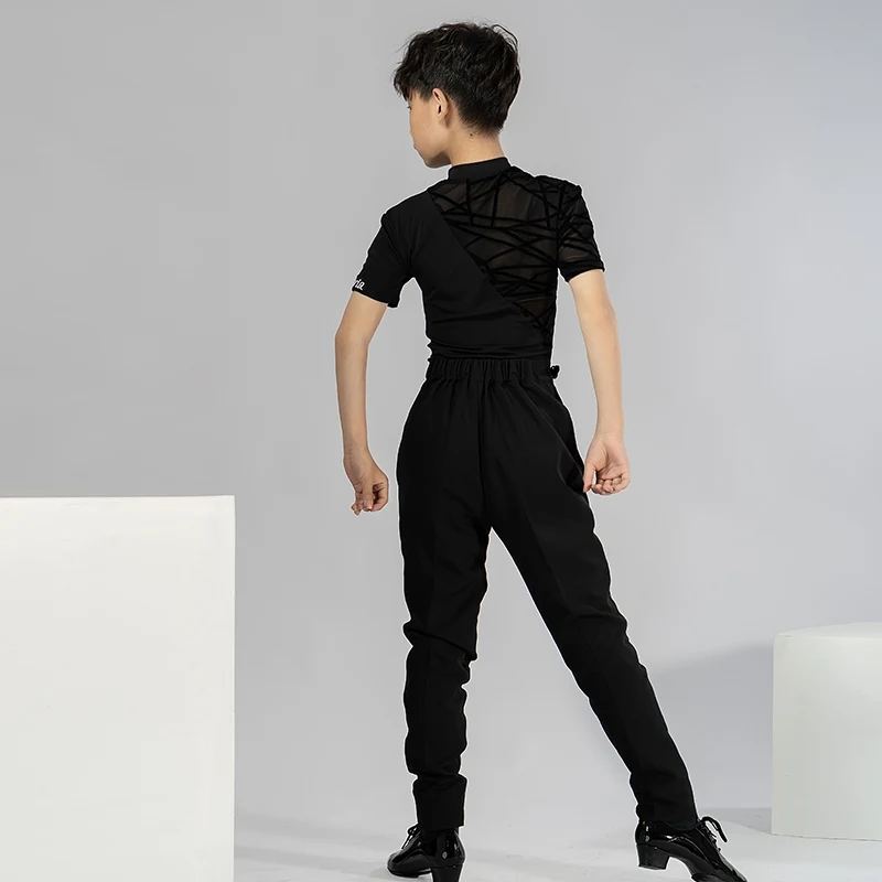 Boy's Latin Dance Costumes Childrens High Neck Long Sleeve Tops Ballroom Cha Cha Dance Training Clothes Black Shirt Pants XH1939