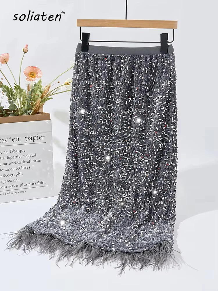 New Year Women Sequined Feather Skirt 2024 Fall Winter Party Hip Skirt Slim Festival Female Chic Bottoms C-214