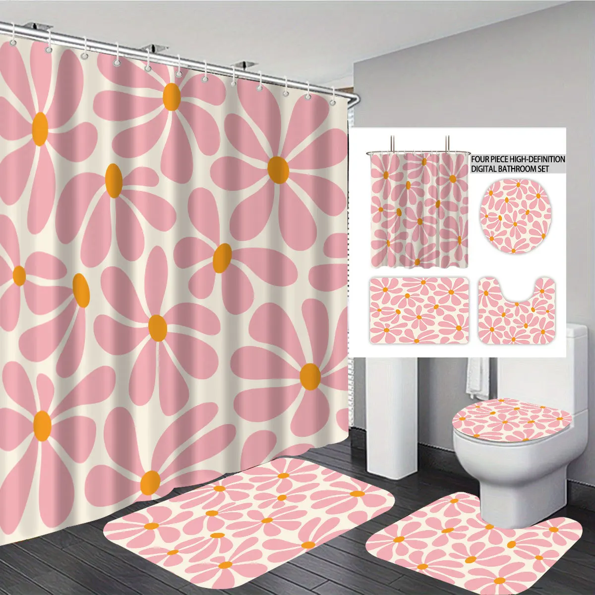 Polyester Shower Curtain, Floral Waterproof Quick Drying, Fade Mold Resistant, Washable Bathroom Decor Curtain with 12 Hooks