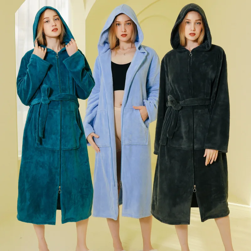 Winter Verdicken Flanell Lange Paare Robe Nachthemd Männer Und Frauen Mit Kapuze Bademantel Nachtwäsche Lose Warme Korallen Fleece Hause Kleidung