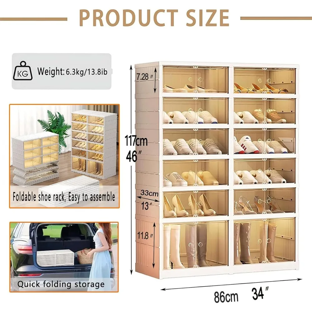 Portable Shoe Rack Organizer for Closet, Foldable Shoe Storage Boxes Stackable with Lids and Magnetic Clear Door, Collapsible